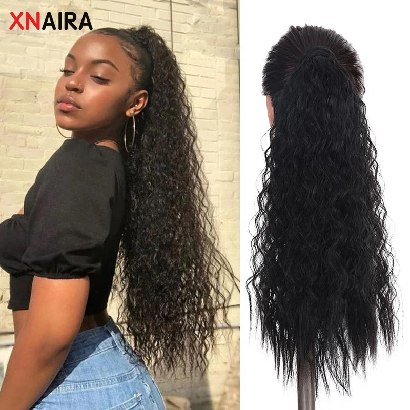 

Xnaira Women's Ponytail Long Wavy Hair Extension Clip In Pony Tail Wrap Around Black Blonde Synthetic Heat Resistant Fiber