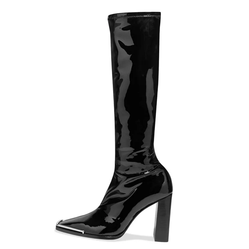 

Metal Toe Women Elastic Sock Boots Patent Leather High Heel Women's Shoes Square Toe Slip On Fashion Autumn Winter Knee Boots
