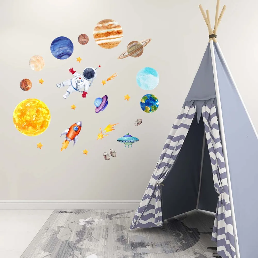 Мультяшная Настенная Наклейка на солнечную систему с планетами декор для