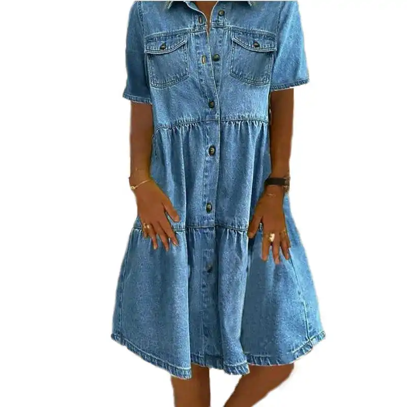 

Women will see short sleeves denim dresses pockets knee jeans length dress casual ladies to line dressed