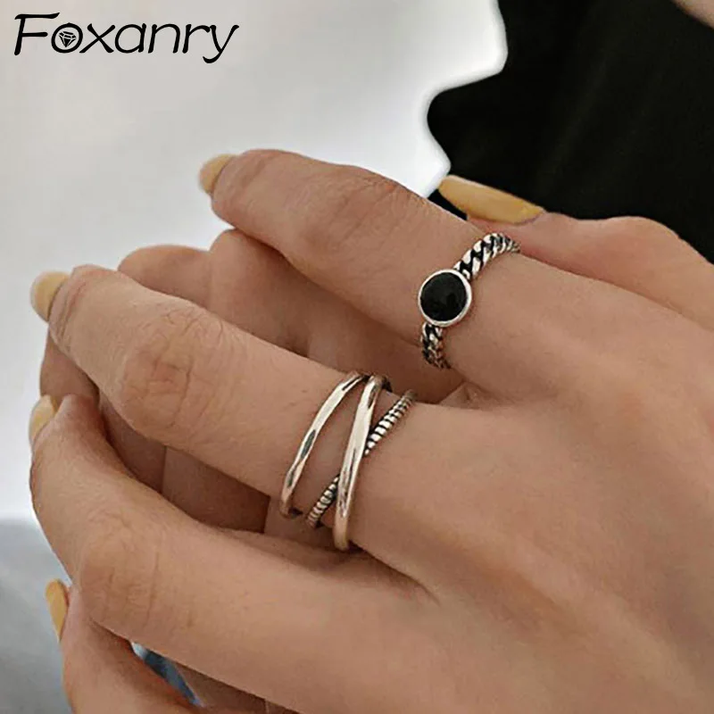 Foxanry-Anillos minimalistas de cadena de plata de ley 925 para mujer y parejas, joyería Vintage hecha a mano geométrica para fiesta, regalos