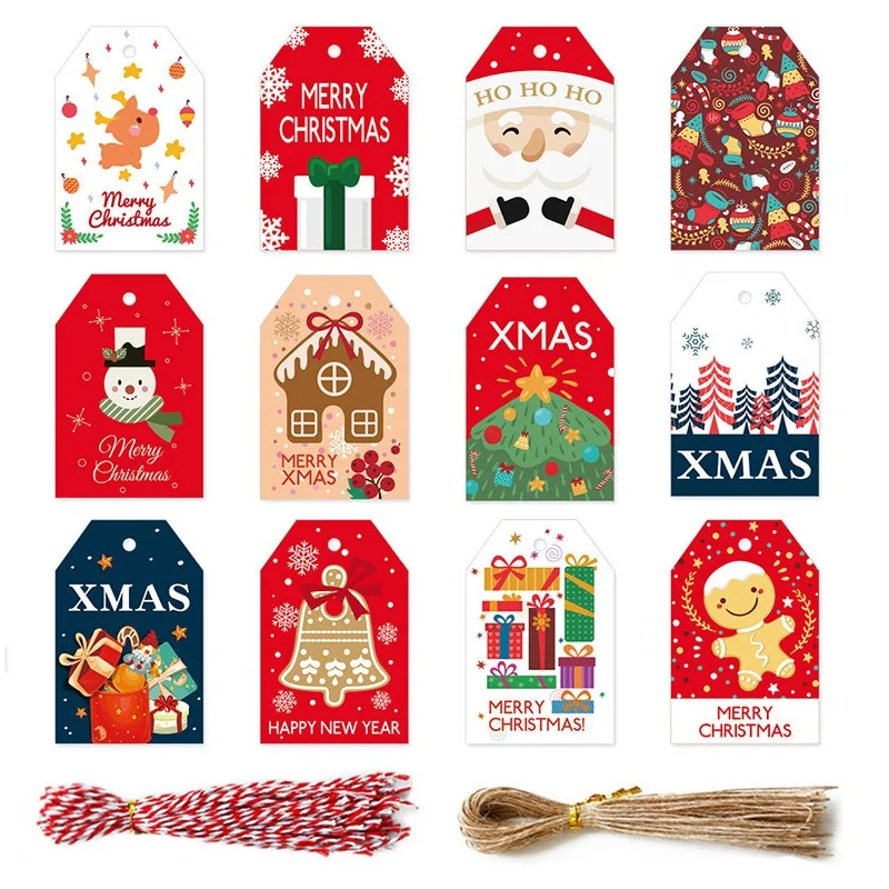 

96pcs Cartoon Christmas Gift Tags Santa Claus Snow Bear Printed Paper Tags Multicolor Gift Bags Hang Tag Party Supplies Cards