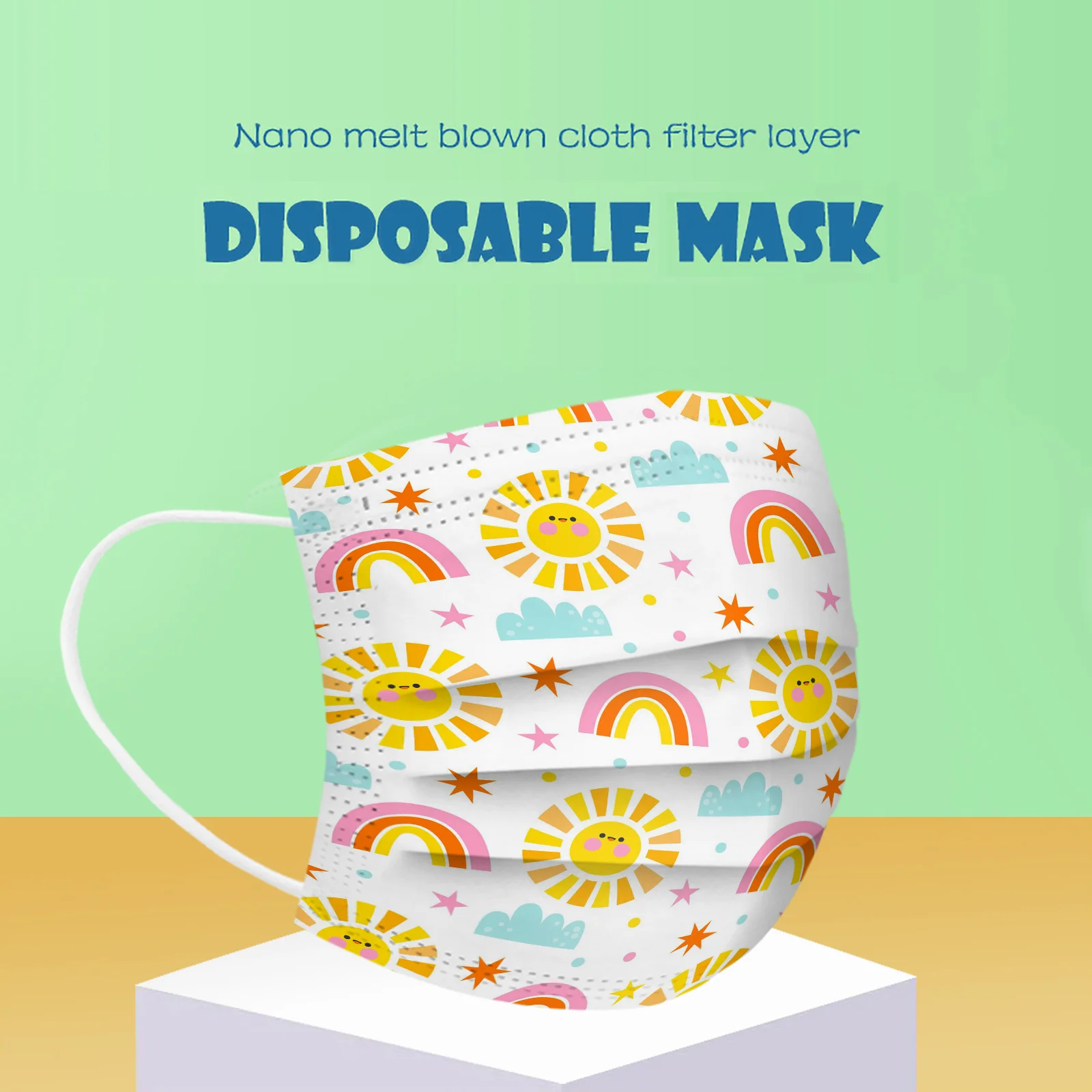 

100PCS Kids Mouth Mask Rainbow Cloud Printing Mask Disposable Child 3-layer Dust Mask Cartoon Gradient Printing Breathable Masks
