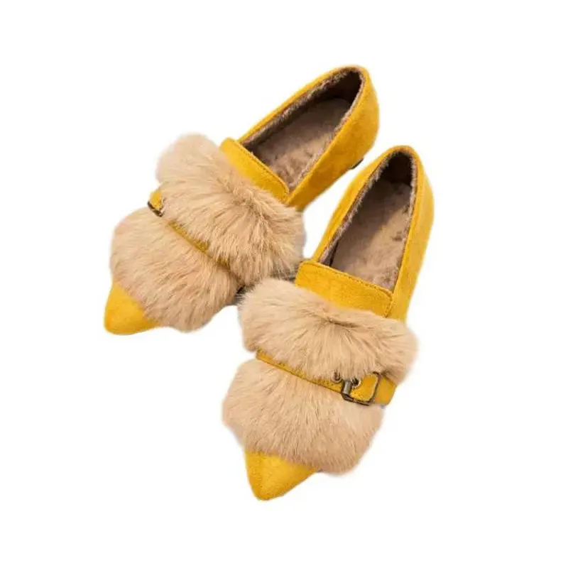 

Women Comfort Shoes Fashion Leather Shoes Plush Rabbit Fur Loafers Women Pointed Flats Vintage Shoes Women Zapatillas Mujer