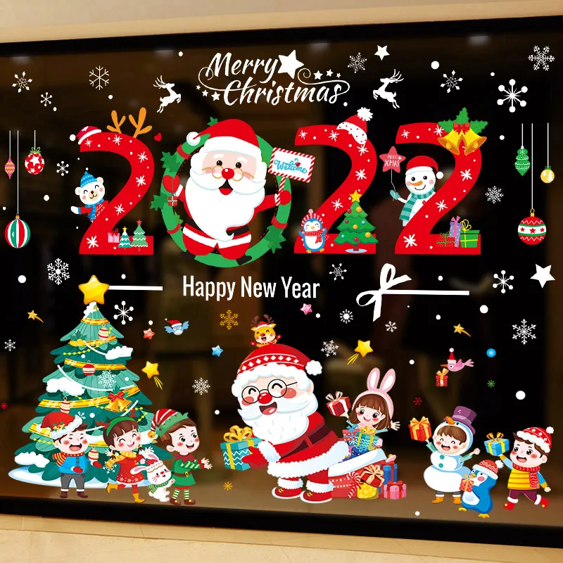 

2022 Chirstmas Glass Stickers DIY Santa Claus Animals Children Wall Decals for Living Room Shop Window New Year Home Decoration