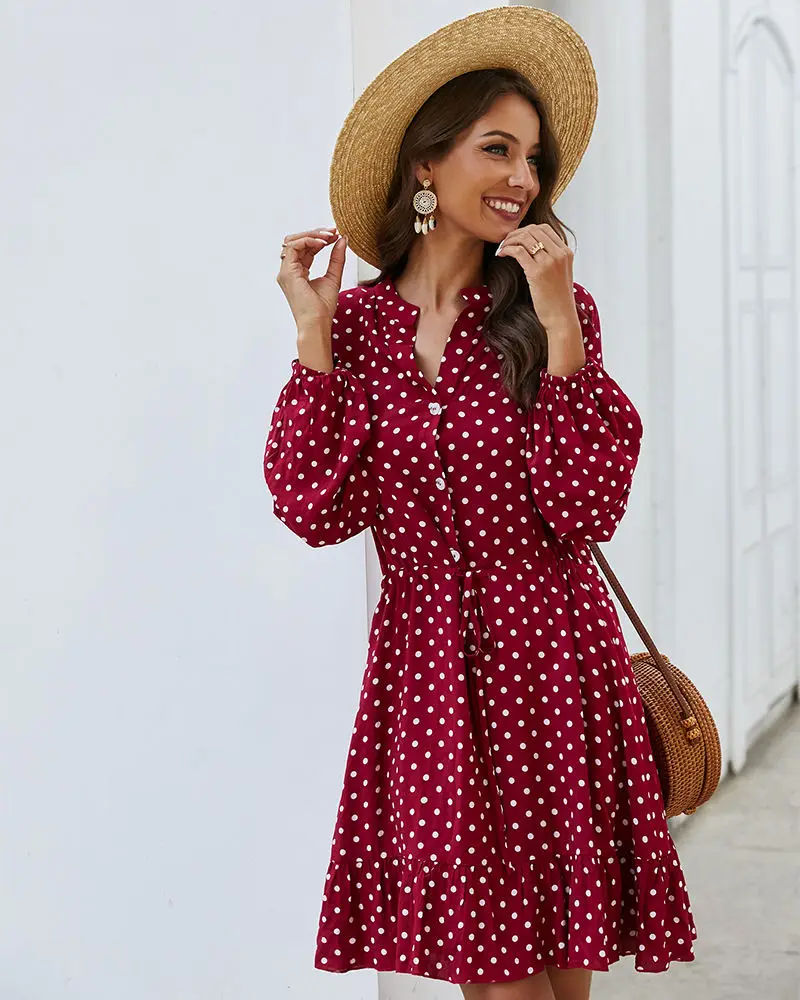 

European and American Fashion Women's Wish Hot Selling Hot Selling Spring and Summer Long Sleeve Polka Dot Rayon Dress