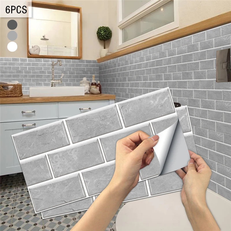 

6pcs/Set Brick Pattern Wall Stickers Mediterranean Style Home Kitchen Wallpaper Self-adhesive Ceramic Tile Sticker