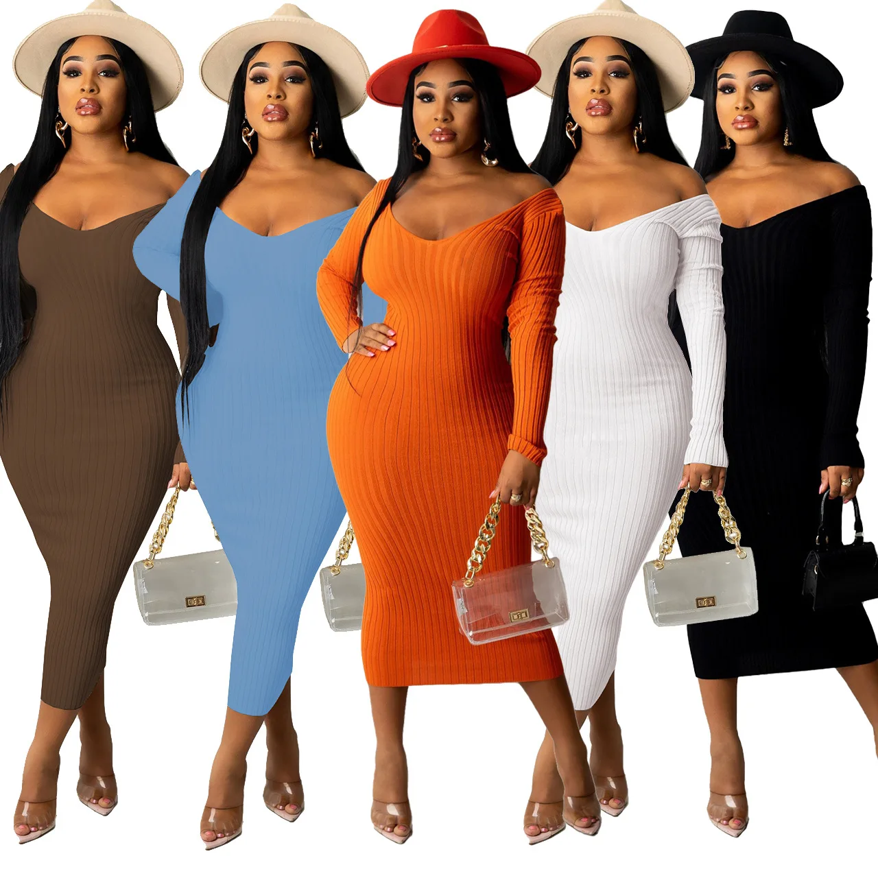 

Casaul Women Dress Knit Ribbed Slash Neck Bodycon Long Dress Solid Color Streetwear Long Dresses For Women Outfit