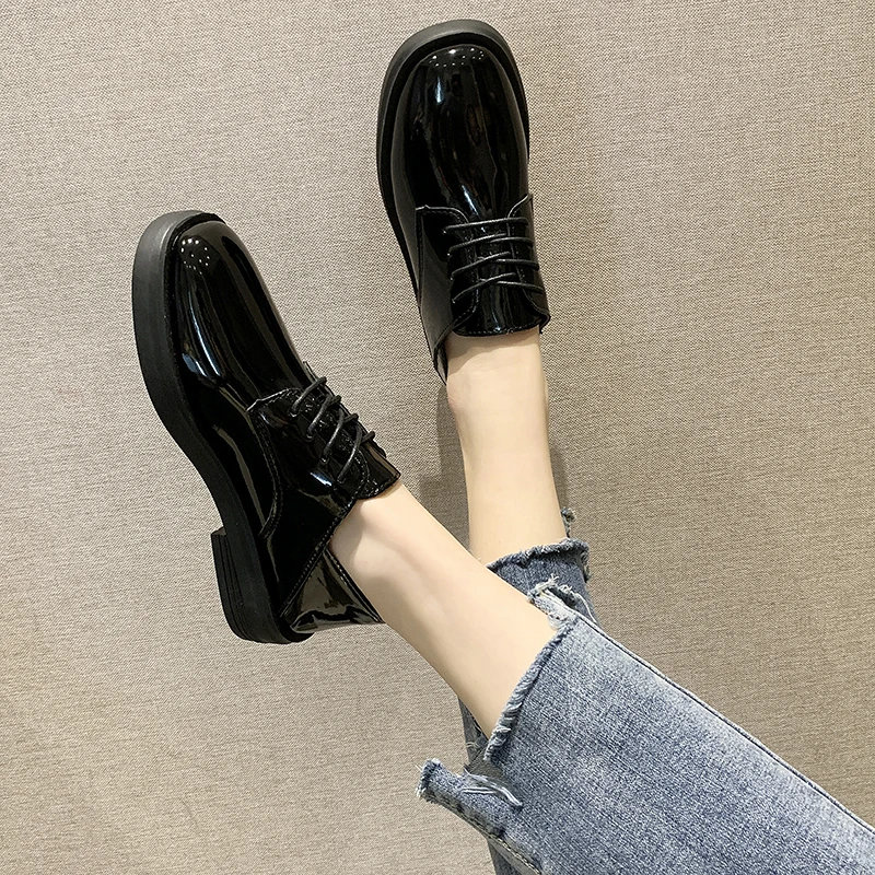 Туфли-оксфорды женские Кожаные броги плоская подошва офисные полностью черные