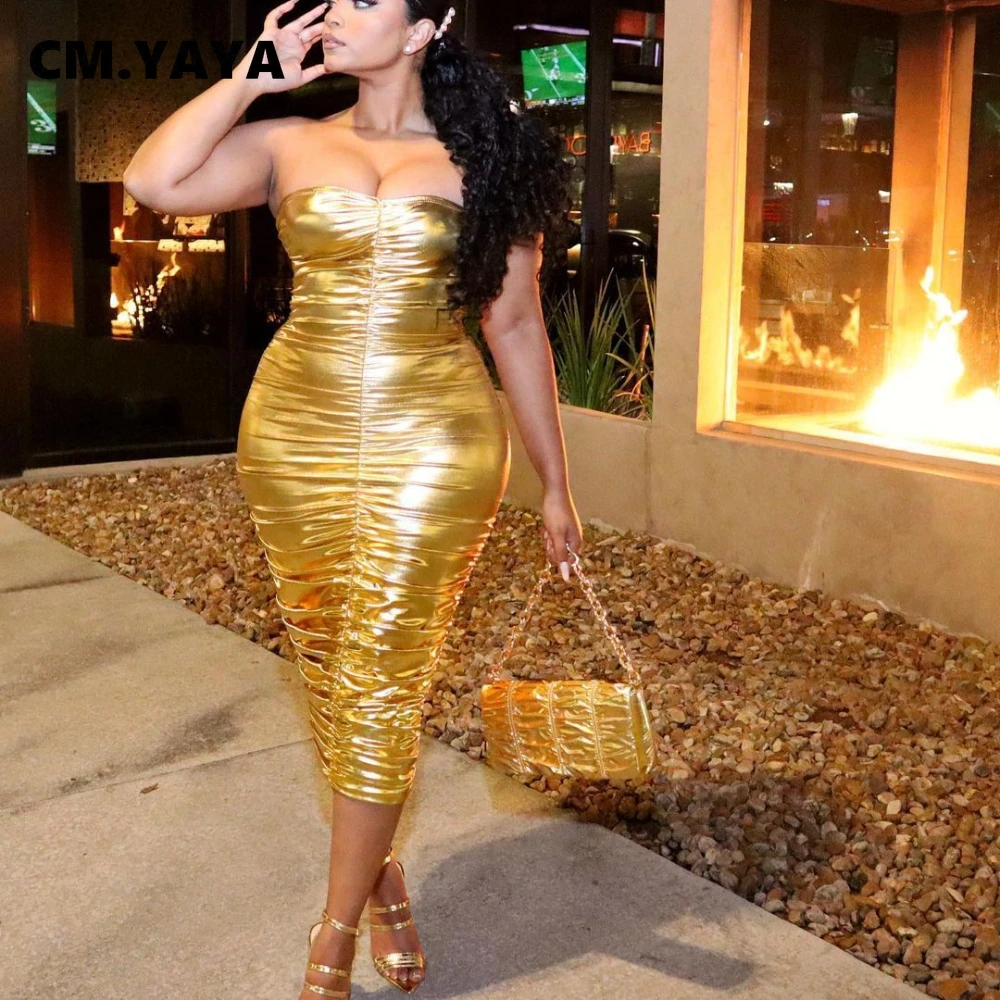 Яркое золотистое платье миди CM.YAYA без бретелек с рюшами для сексуальных клубных