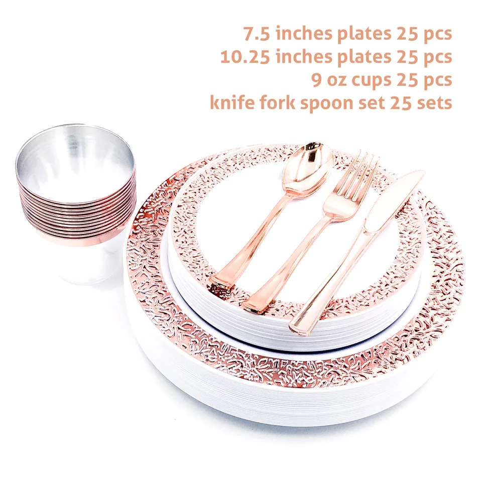 

Nicro 25/50/150 pcs/set Rose Gold Cups Plastic Plates Fork Knives Spoons Disposable Clear Dinnerware Set Party Supplies #DPT19