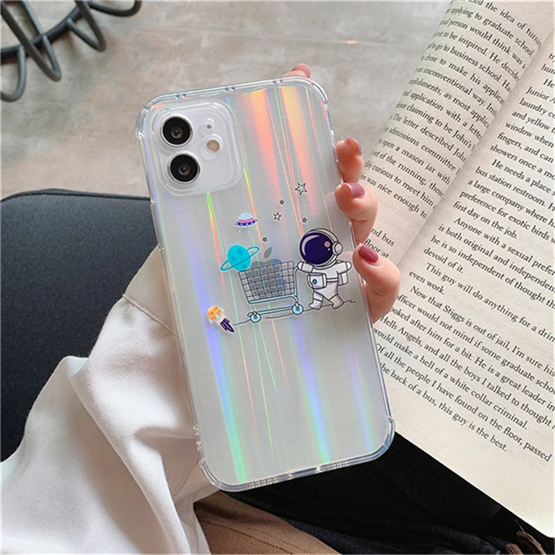 

Cute Astronaut Laser Paper Case For iPhone 11 Pro Max 12 Mini 12 Pro Max 7 8 Plus X XR XS Max SE2020 Soft Transparent Back Cover