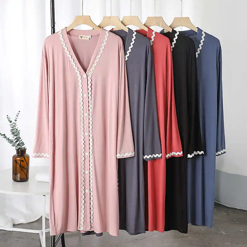 

2021 New Spring Summer Cotton Nightgown Women Nightdress Sleepwear Long Sleeve Night Midi Dress Female Nighties Nightwear