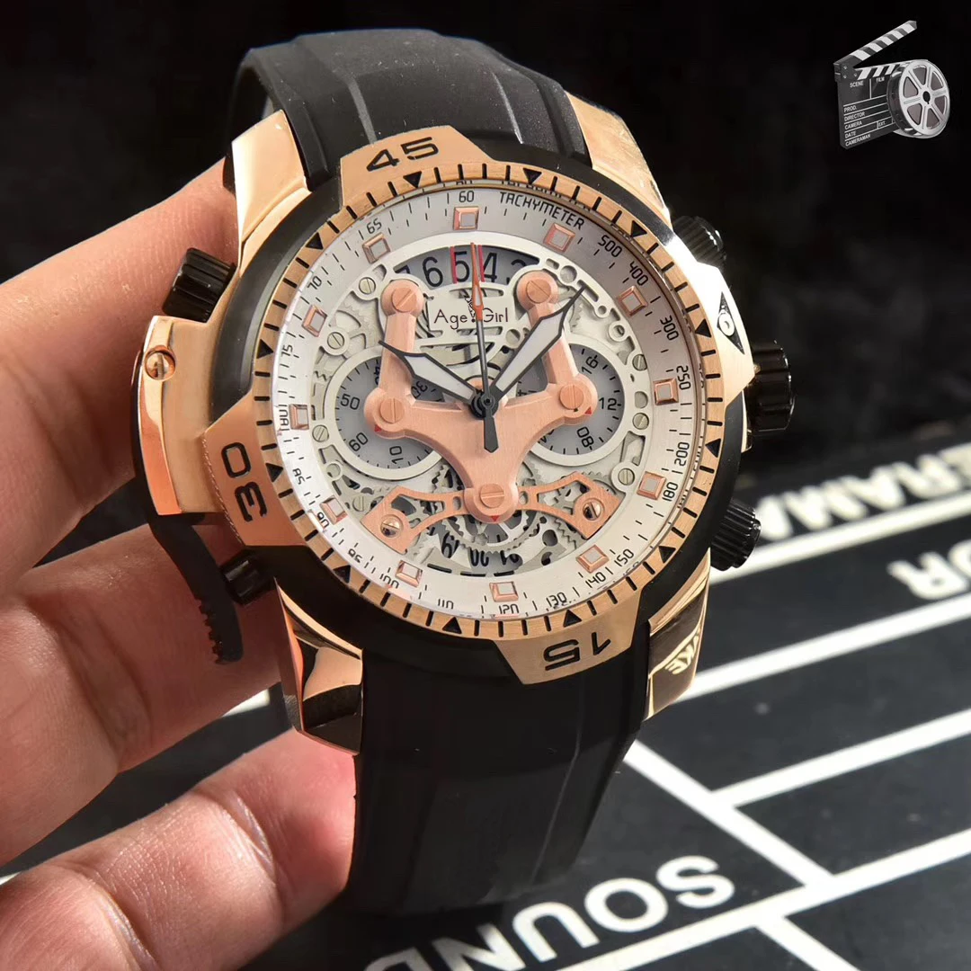 Rose Gold White Роскошные брендовые новые мужские часы из нержавеющей стали черные розовое золото резиновый синий хронограф сапфир Водонепроницаемые часы AAA - Цвет: Rose Gold White