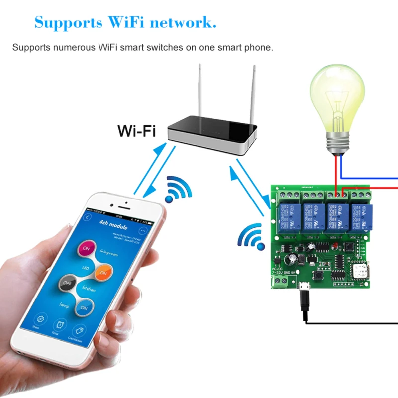 Умный модуль дистанционного управления 4CH 10A реле Wi-Fi беспроводной универсальный