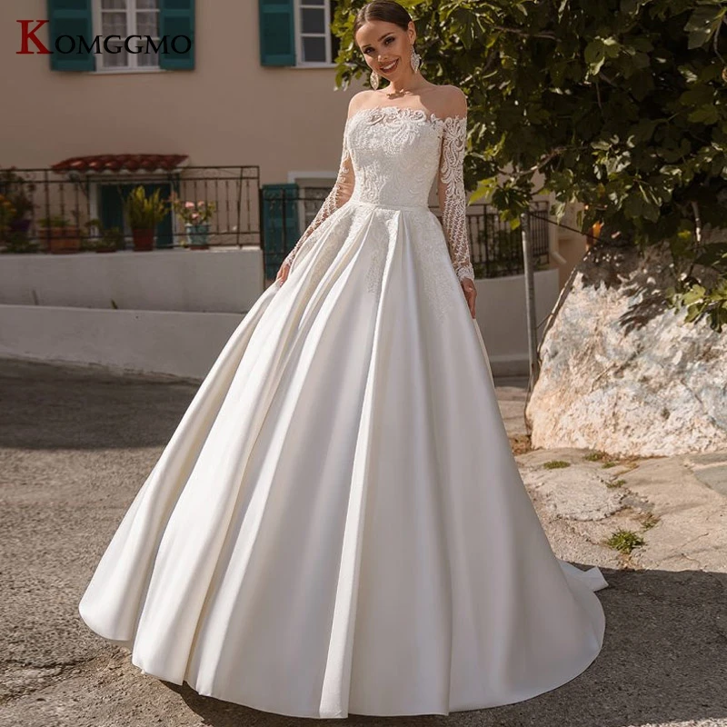 

Illusion O-Neck Full Sleeve Wedding Dress for Women 2021 Hot Sale Chapel Train Button Back Embroidery Appliques Bridal Ball Gown