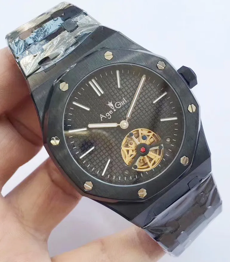 Роскошные брендовые Новые Мужские автоматические механические Tourbillon сапфировое серебро розовое золото светящиеся синие Черные часы прозрачные AAA - Цвет: Full Black