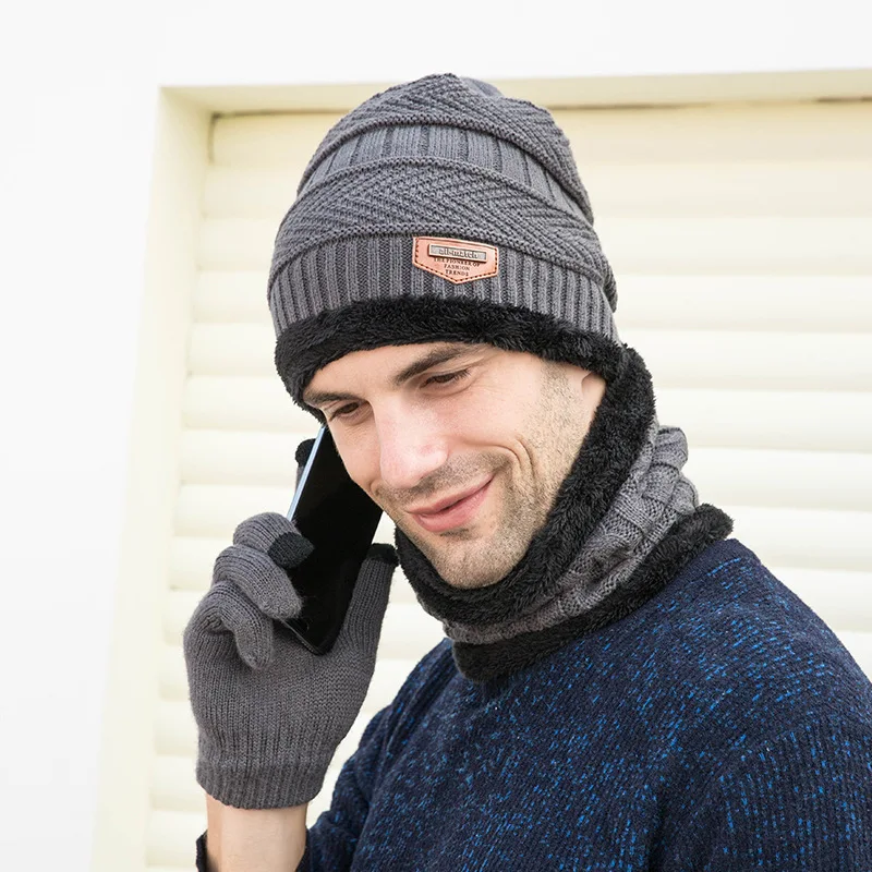 

Men's Children's Hat Scarf Gloves Three-Piece Set Male Winter Warm Knitted Suit Boys Girls Breathable And Windproof Cap Bone Z87
