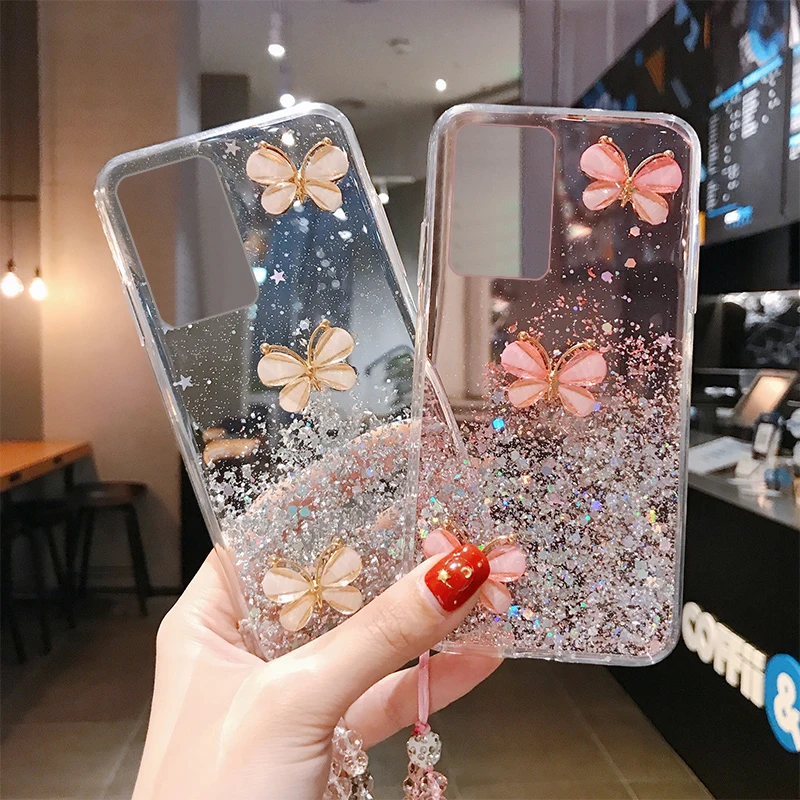 Luxury Bling Glitter Lanyard Silicone Phone Case For Samsung Galaxy S23 S22 S21 S20 FE Note 20 10 Plus Ultra-thin Strap Cover