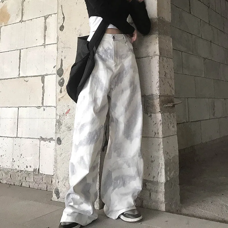 

Japnese Autumn Woman Jeans Straight Tie-Dyed High Waist Long Length Denim Pants Korean Fashion Loose Women Casual Trousers