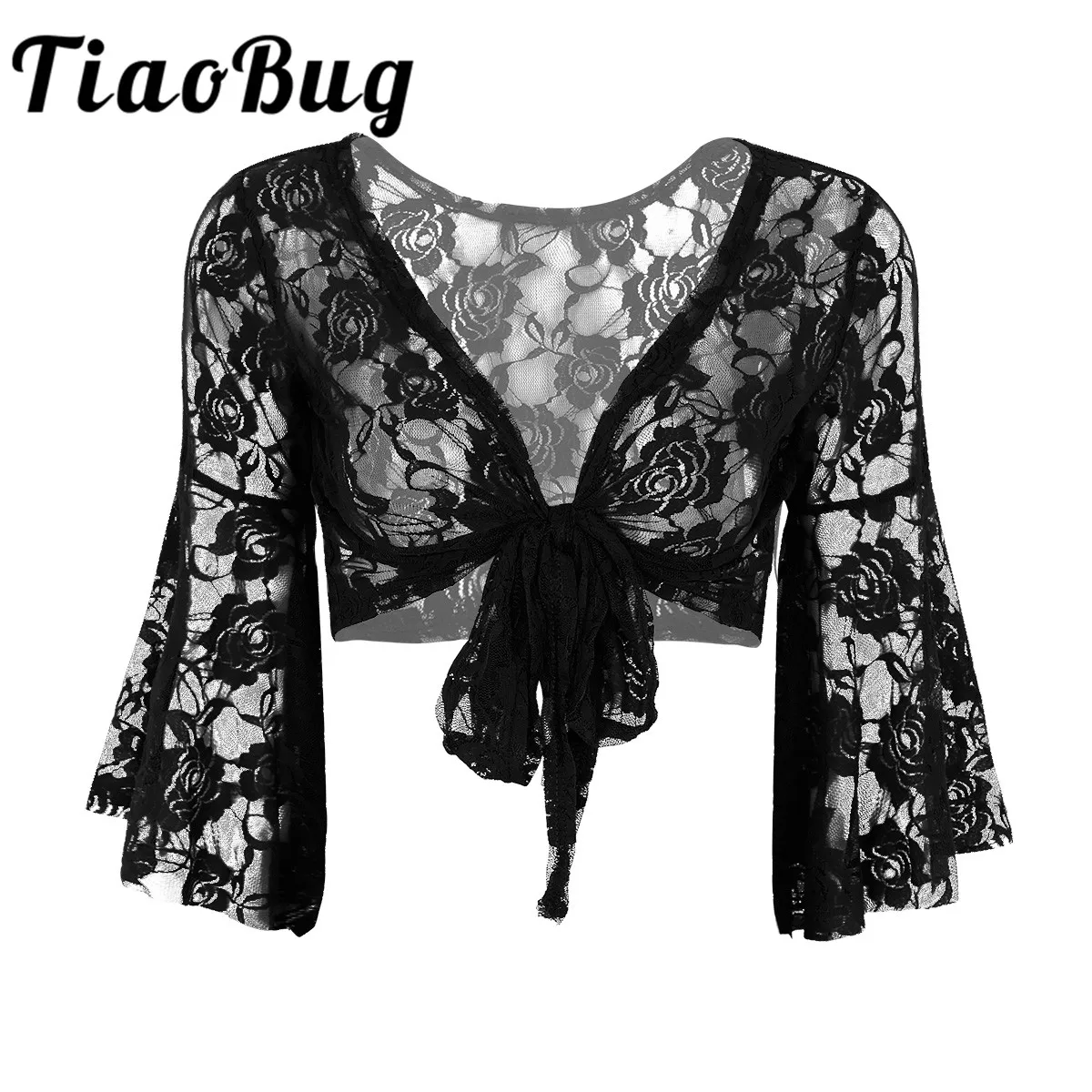 Elegant Women Black White Lace Ladies Wedding Party Long Flare Sleeves Shrug Cropped Jacket Shrug For Evening Formal Prom Bolero