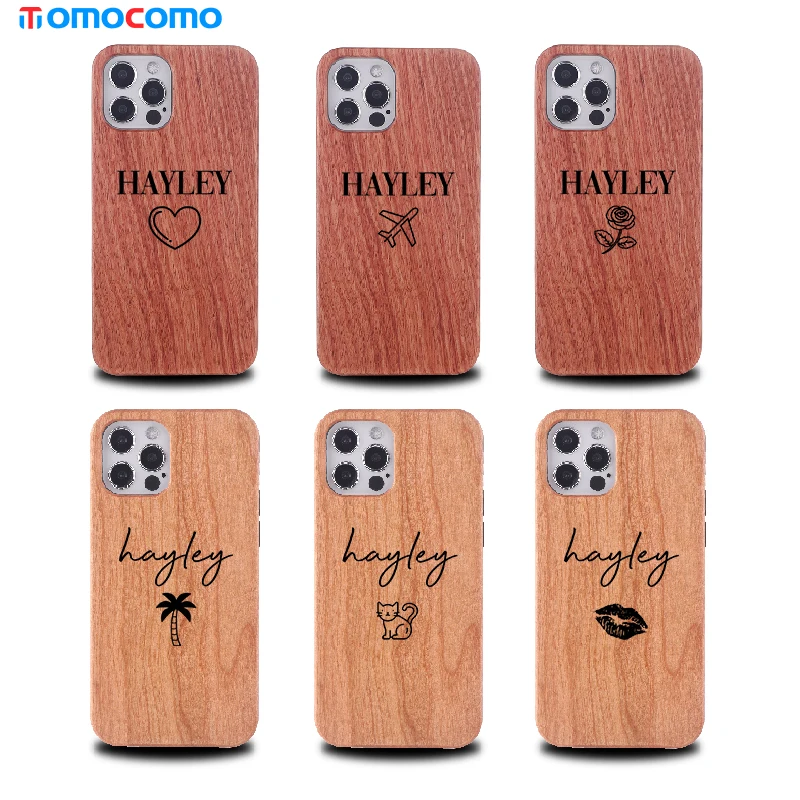 

Personalizated Engraved Natural Wood Phone Case For iPhone 11 12 13Pro Max 7 8P XR X Max Custom Rose Wood Phone Cover Coque
