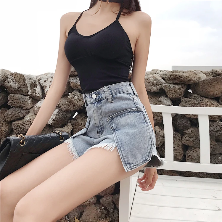 

Denim Jeans Shorts Women Fashion High Waist Tassel Slim Vintage Wide-legged Shorts Bottoms With Big Pockets