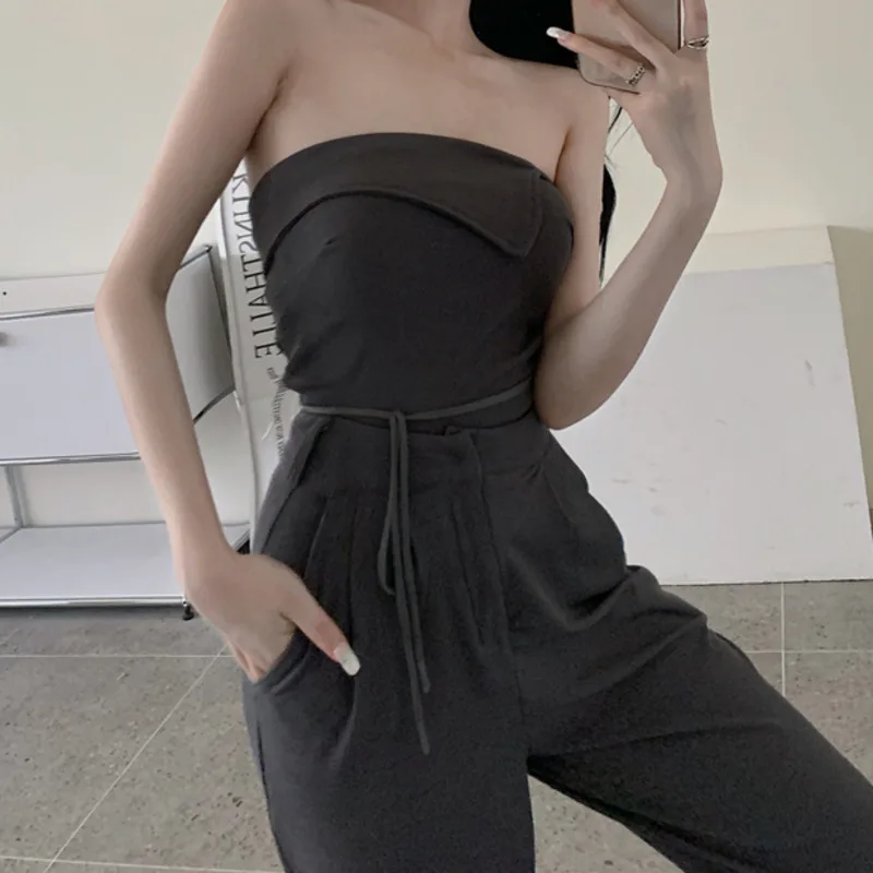 

2021 Summer 2 Piece Sets Womens Outfits Crop Top Fashion Tube Top +Straight Wide Leg Trousers Loose Long Pants Sexy Pant Suits