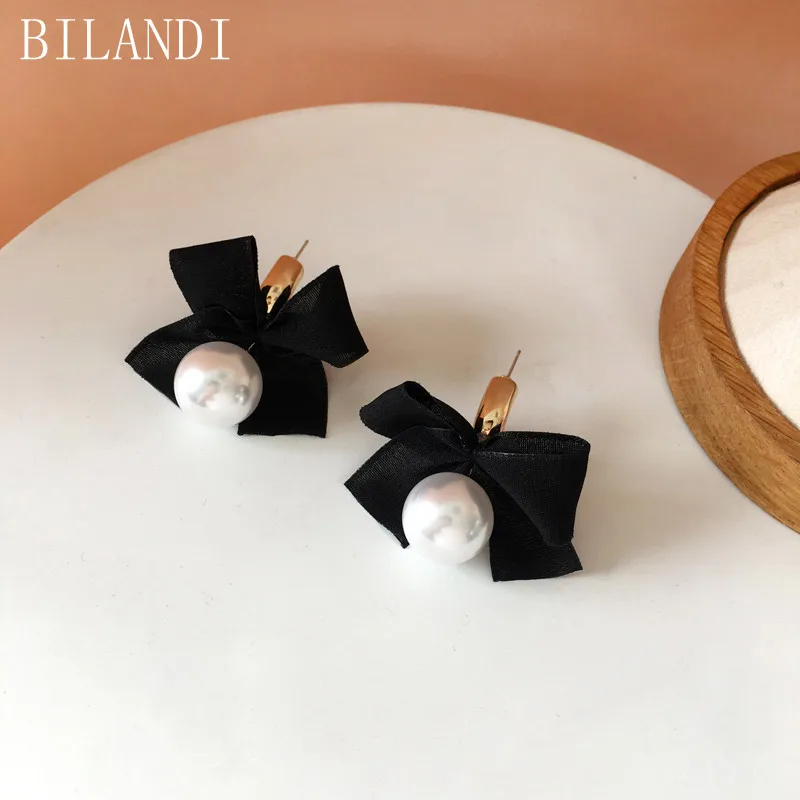 

Bilandi S925 needle Women Jewelry Black Bow Earrings Pretty Design Vintage Temperament Simulated Pearl Drop Earrings For Girl