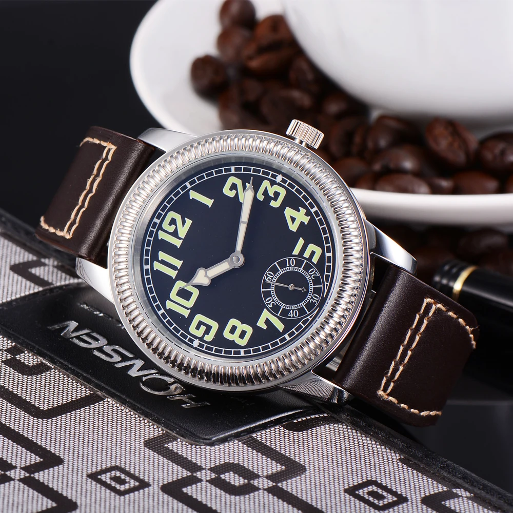 Parnis 44 мм 17 ювелирных изделий ручной намотки 6498 чехол из нержавеющей стали кожаный