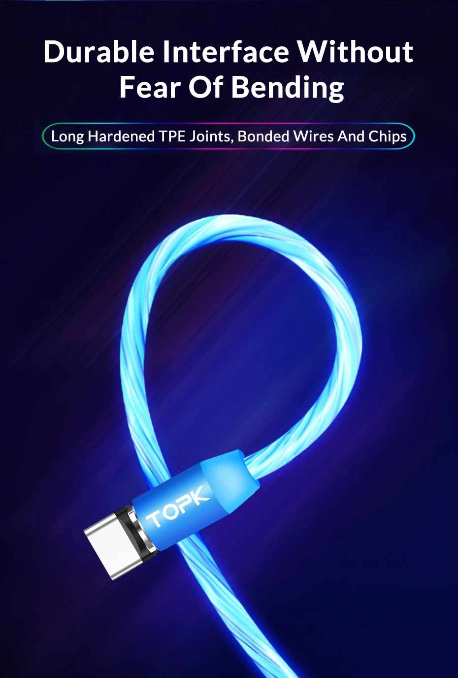 TOPK Flow светящийся Магнитный кабель Micro usb type C для iPhone XR Xs MAX 8 7Plus 5 магнитное зарядное устройство кабель для быстрой зарядки USB-C