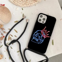 skull under neon light phone case for iphone 7 8 11 12 x xs xr mini pro max plus strap cord chain lanyard soft