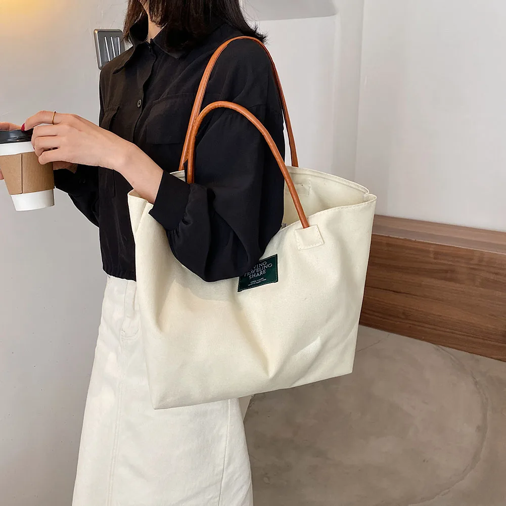 

2021 Women Canvas Shopping Bag Large Capacity Conventional Tote Bag Contrast Color Female Shoulder Bag Eco Friendly Shopper Bags