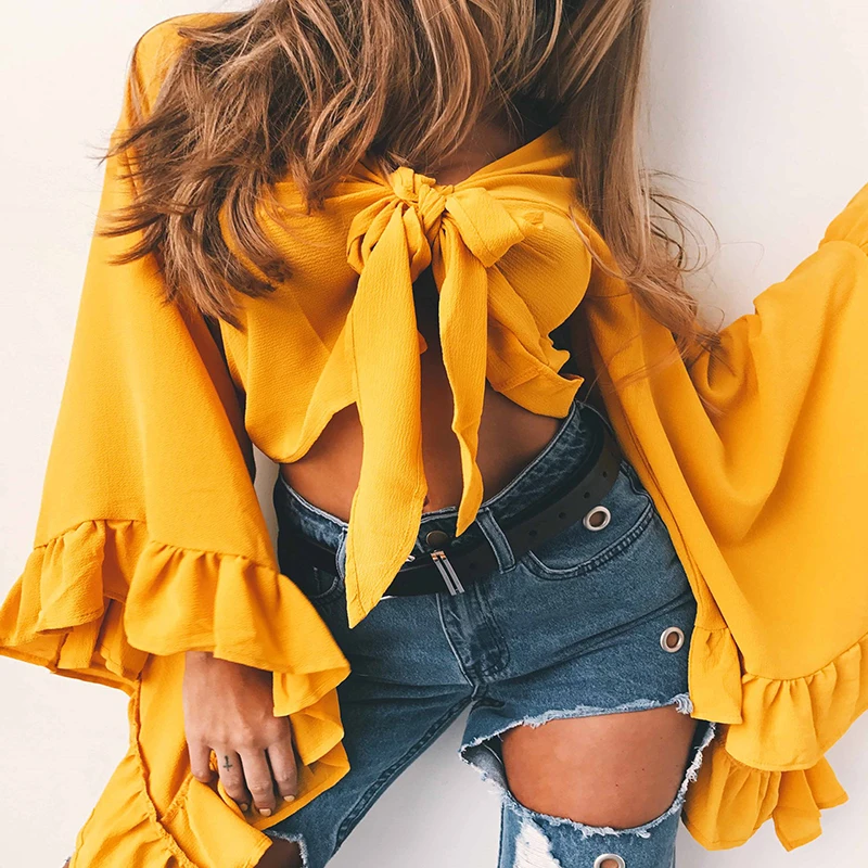 Женская блузка топы летние повседневные свободные рукав-лепесток Твердые