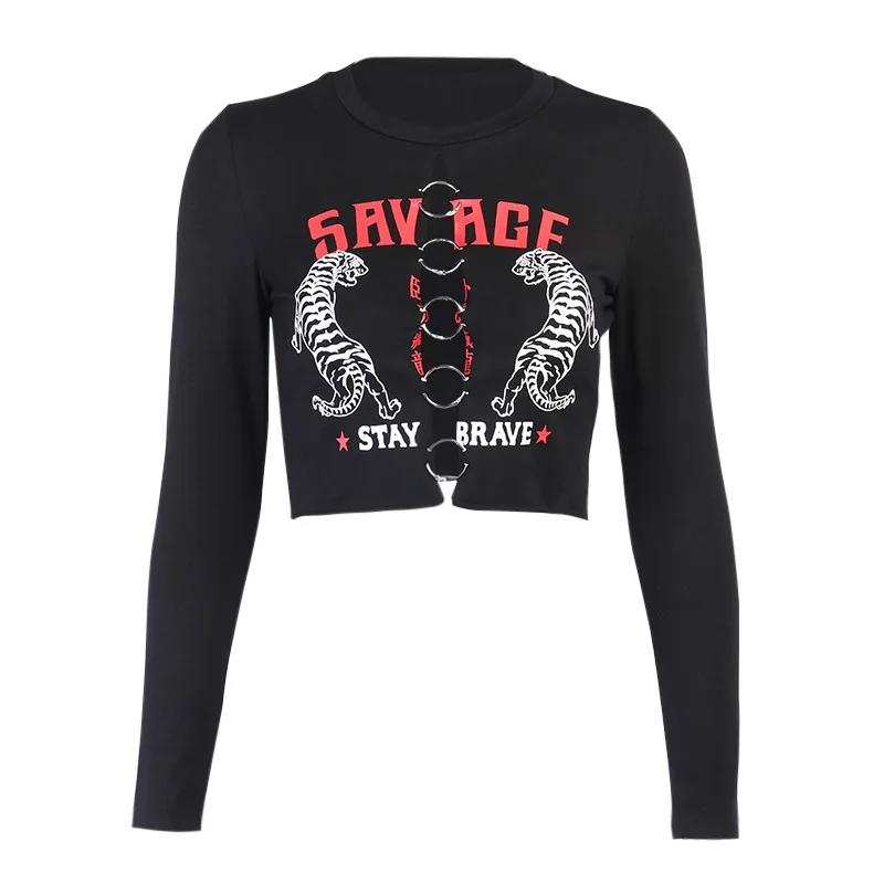 

and American spring and summer sexy slim fitting open navel round neck top in dark niche print chest hollow T-shirt