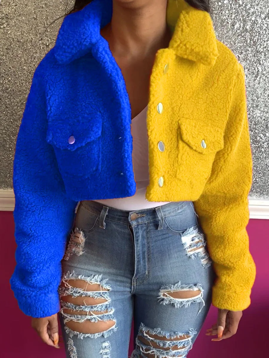 

Women's Winter Jacket Warm Soft White Velvet Short Jacket Ladies Casual Long Sleeve Turn-Down Collar Fleece Coat With Pockets