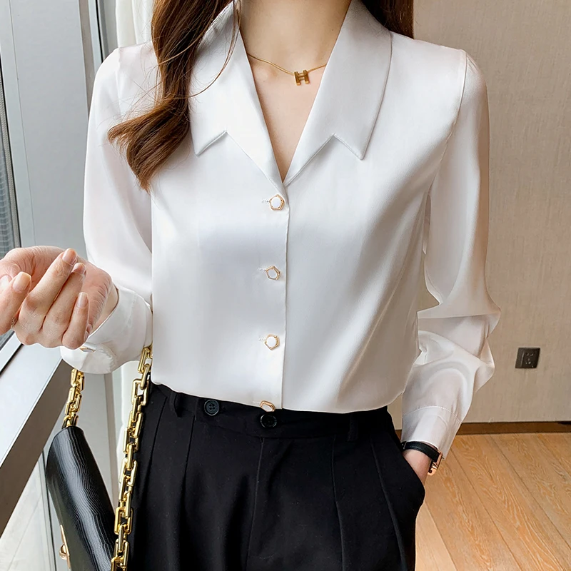 

2022 Spring New Polo Collar Long Sleeve Satin Shirt High-End Temperament Pendant Texture Solid Color Versatile Thin Top