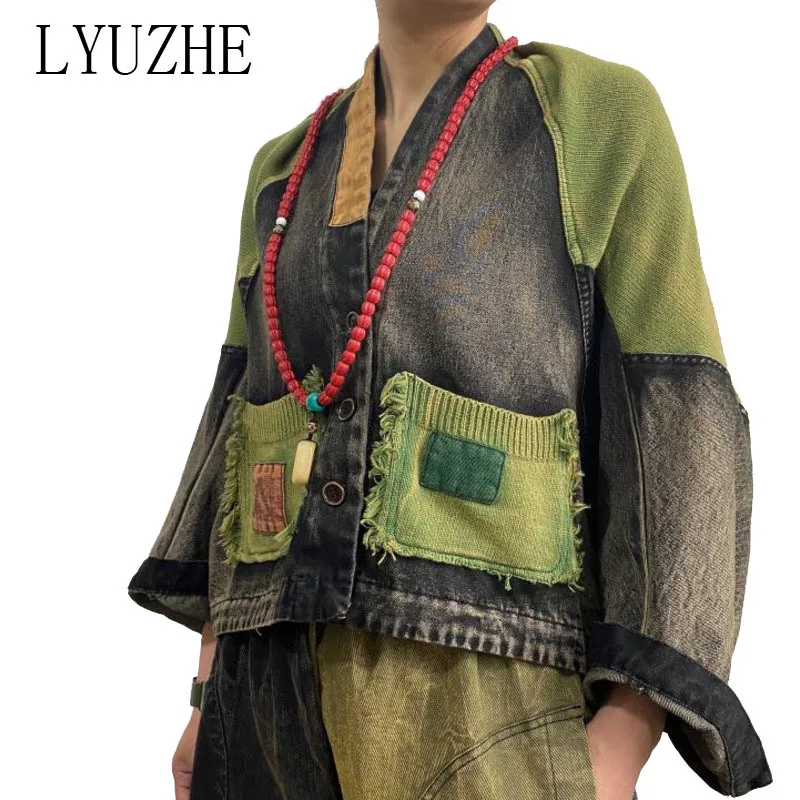 

Yellow Green Blue Khaki Women Vintage Jacket 2021 Spring Women Denim Patchwork Jacket Personality Batwing Sleeve Coat ZQY079D