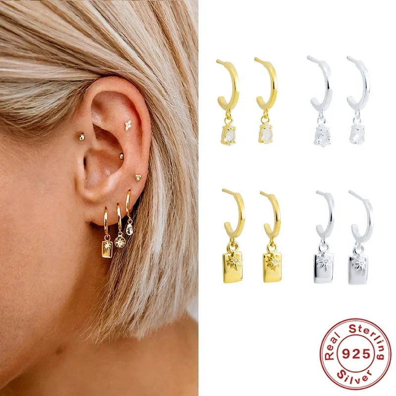 

AIDE C Shape Stud Earrings for Women Fashion Geometric Anise Star Zircon Piercing 925 Sterling Silver Earrings Jewelry kolczyki