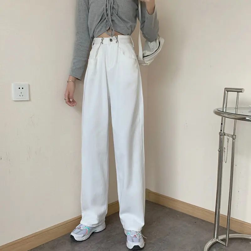 

Summer Women's Solid Color High-waist Jeans 2021 New Casual Fashion Harajuku Wide-leg Trousers Cotton Waist Adjustable Mom Pants