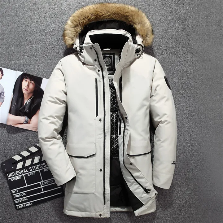 Aismz Tace& Shark medium long coat men's down jacket Russia winter jacket men fur collar thick windbreaker duck down jacket men - Цвет: 1806 white