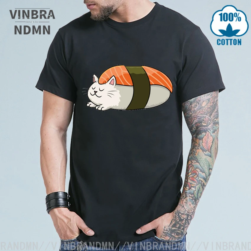 Сашими из лосося рисовые суши футболка для мужчин забавные с принтом Кот