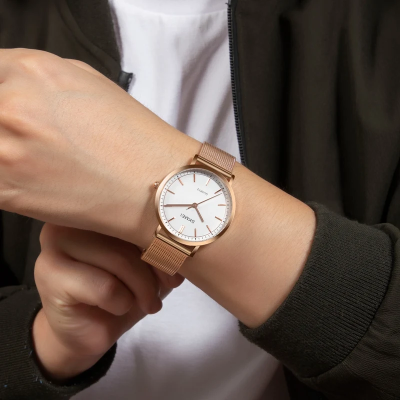 SKMEI бренд из нержавеющей стали Тонкий сетки Роскошные Кварцевые часы модные