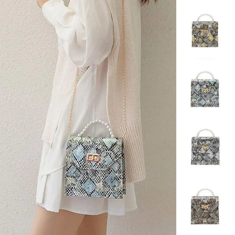 

2021 New Pearl Handle Square Bag Snake Pattern Chain Shoulder Bag Bag Delicate Crossbody Bag Women Bag Fashion Mobile Phone Bag