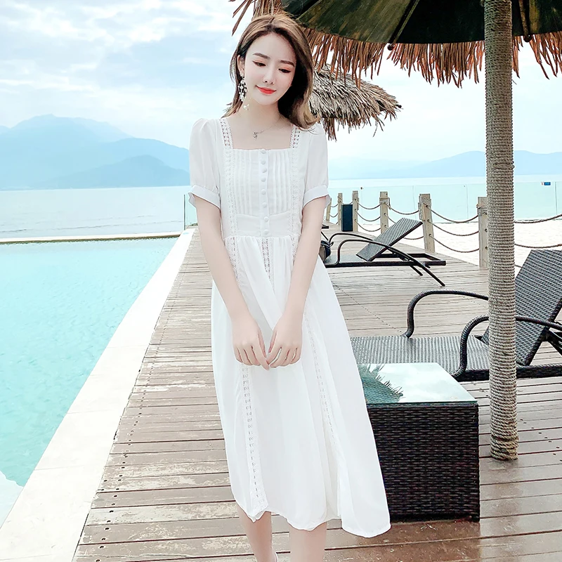 

Summer 2021 Runway Boho Vintage French Fairy Dress Honeymoon Vacation Party Night Vestidos Long New Women White Maxi Beach Dress