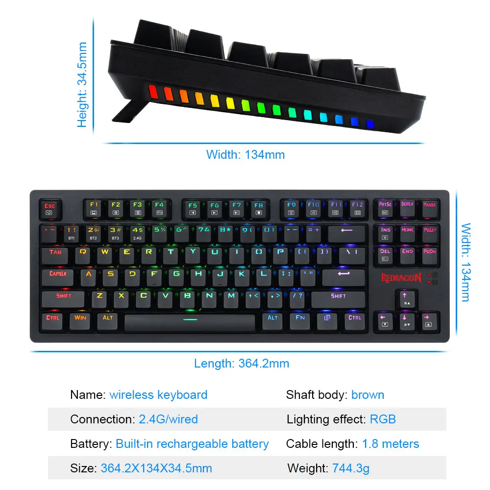 

Redragon Knight K598 KNS RGB USB Mechanical Gaming Keyboard 2.4G wireless dual mode brown Switch 87 Keys Computer Russian us