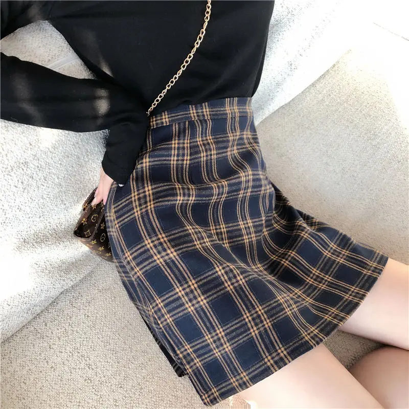 Юбка женская клетчатая трапециевидная с завышенной талией модная облегающая