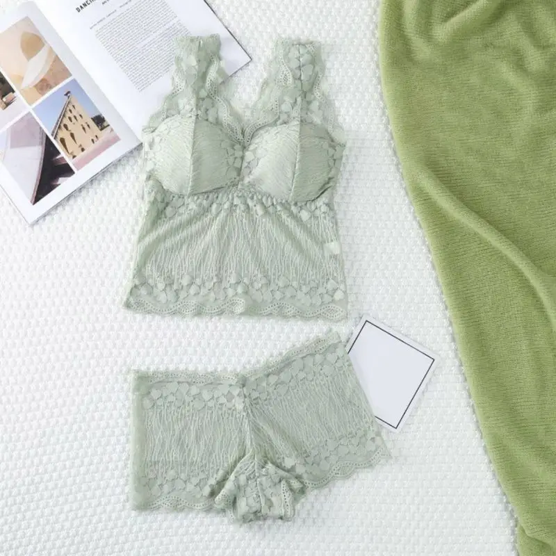 

Women's Long Version Brade Set Lace Gathered Chest Ladies Wipe Chest Clothes Set