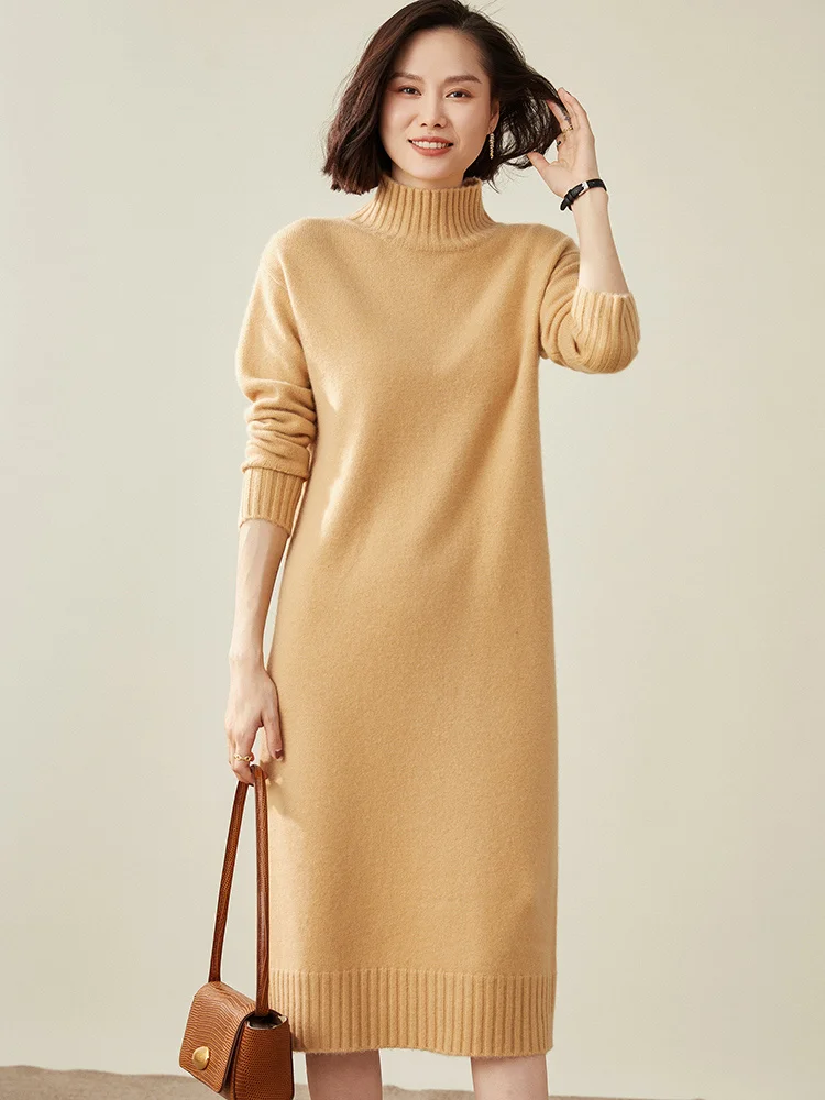 

100% Goat Cashmere Thicker Knitwears Women Dress Winter 2021 New Fashion Oneck Pullovers 4Colors Ladies Dresses