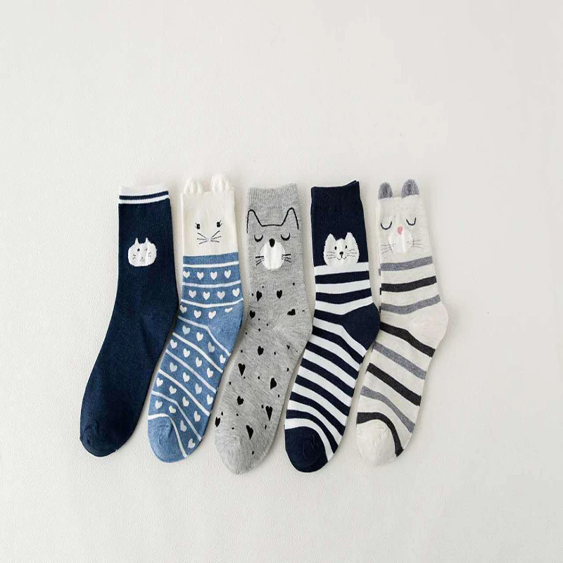 1 Pack Of 5 Pairs Of Women's Socks Sets Cute Cartoon Cat Pattern Socks Cotton Knitting Casual Comfortable Home Women Socks Sets